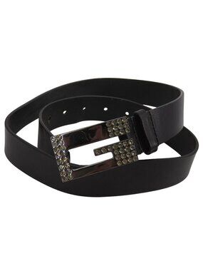 GUESS Men Medium Genuine Leather Gunmetal Rhinestone Bling Buckle Black Belt